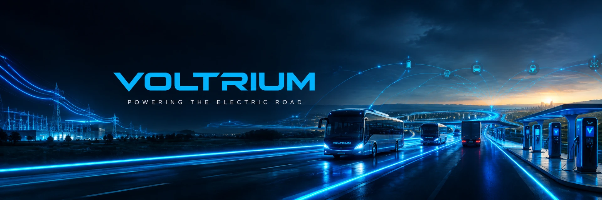 Voltrium — Powering the electric road. Illustrated electric coaches, charging hubs and connected energy infrastructure.